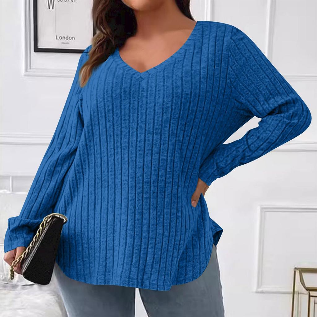 Women's  And Winter Solid Colour Plus Size Women's Tops V-Neck Long Sleeve Striped Milled Loose Pullover T-Shirt