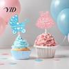 Baby Shower Dessert Decorations 12Pcs Boy Girl Birthday Cake Toppers, Themed Cupcake Picks with First Decor Bottle, Stroller, Bow, Suit, Glitter