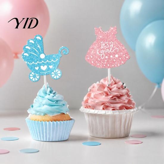 Baby Shower Dessert Decorations 12Pcs Boy Girl Birthday Cake Toppers, Themed Cupcake Picks with First Decor Bottle, Stroller, Bow, Suit, Glitter