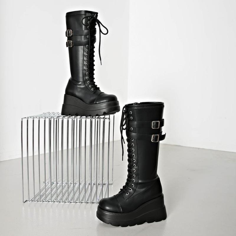 

Wedge Heel Tall Boots Fashion Round Toe Strappy Side Zipper Platform Non-Slip Wear-Resistant High Heels 35