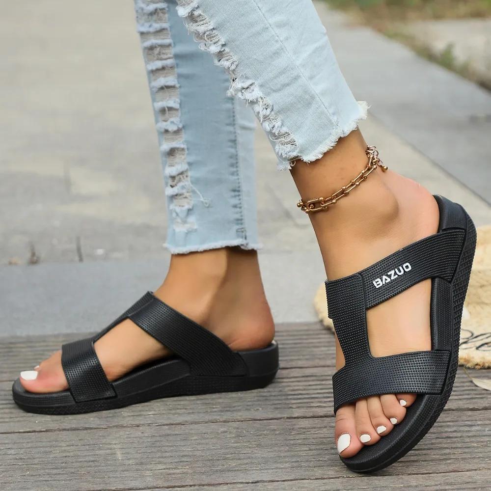 Women's Slippers 2024 New Soft Sole Mid Heel Slippers Summer New Solid Color Casual Comfort Open Toe Women's Slippers