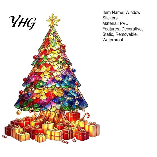 Reusable Holiday Window Film Stained Glass Style Christmas Tree Stickers, Removable PVC Static Cling Decals for Waterproof Seasonal Wall Art