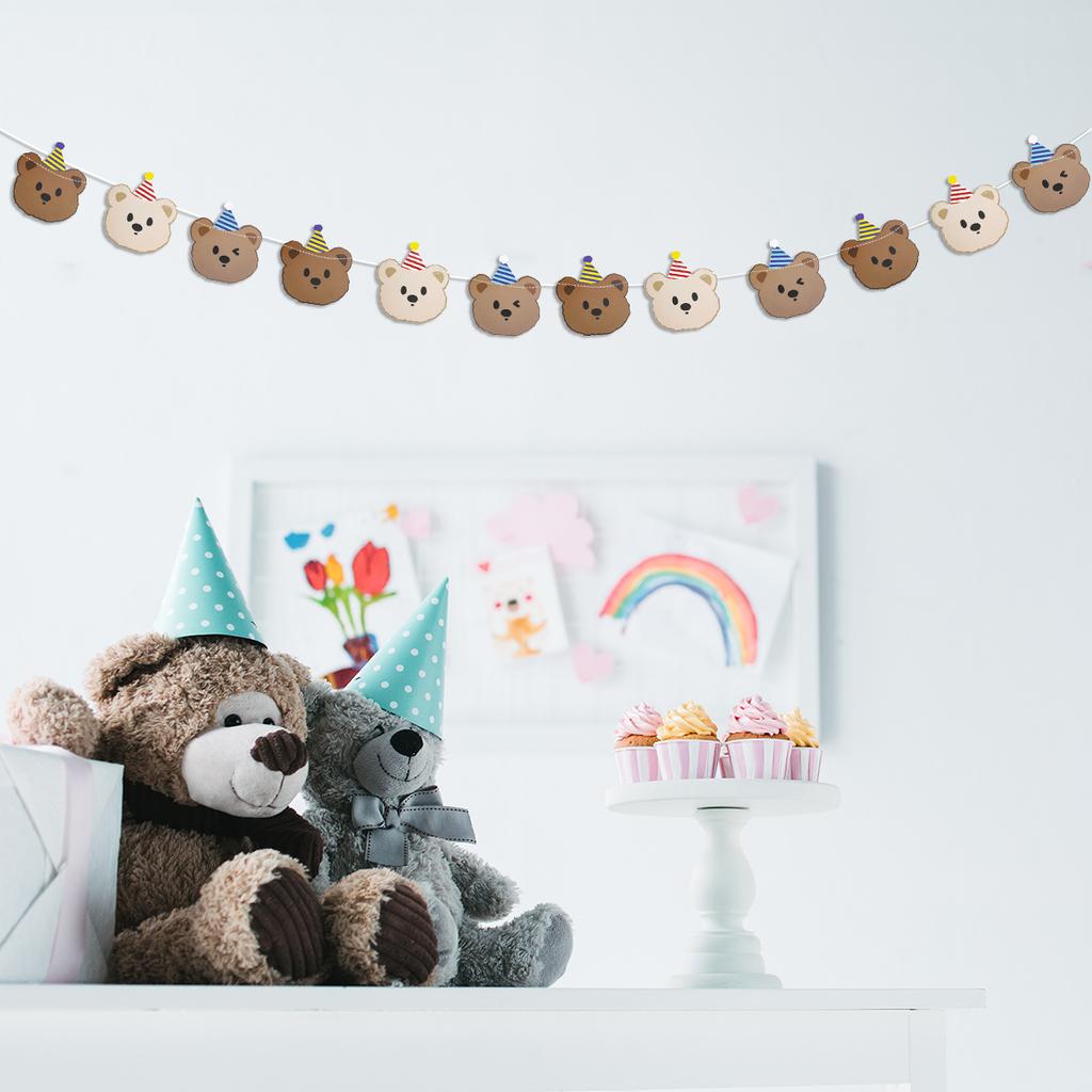 Happy Birthday Banner Retro Brown Bear Background Wall layout Paper String Hanging Decorations Kids Birthday Party Supplies