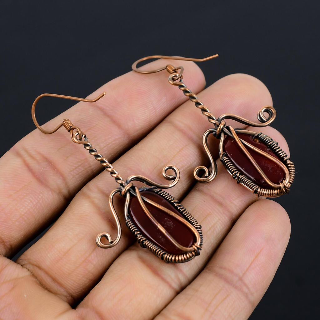 Red Carnelian 999 Copper Wire Wrapped Earrings, Handmade Gemstone Earrings Jewelry, Gifts For Wife Brand New Earrings