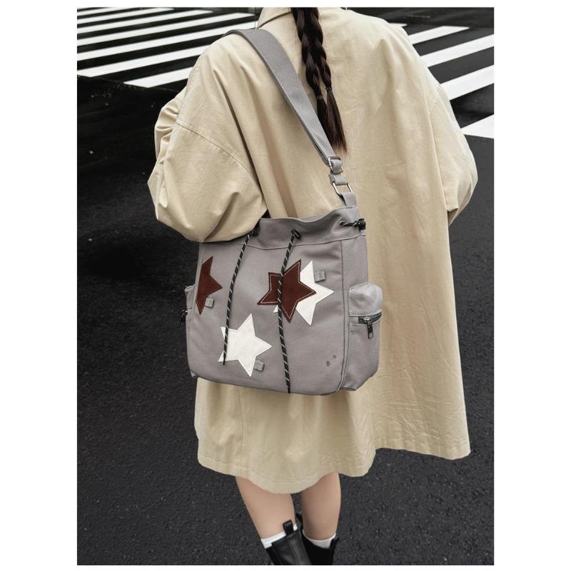 New Vintage Canvas Tote Bag for Women Star Decor Large Capacity Shoulder Crossbody Bag for Work Commute