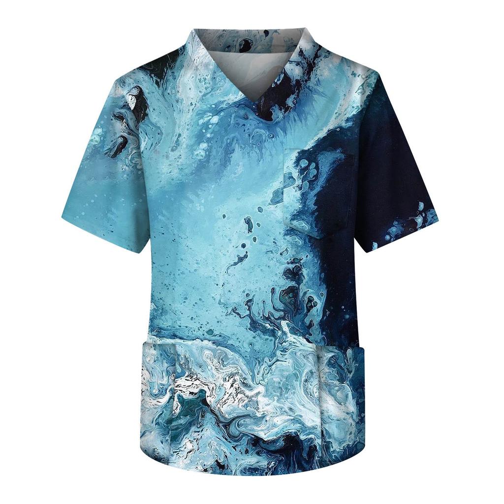 Men's Printed Short Sleeve V-neck Tops Working Pocket Blouse