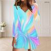 Women Plus Size V Neck Long Sleeve Colorful Swirl Printed Curved Hem Dress