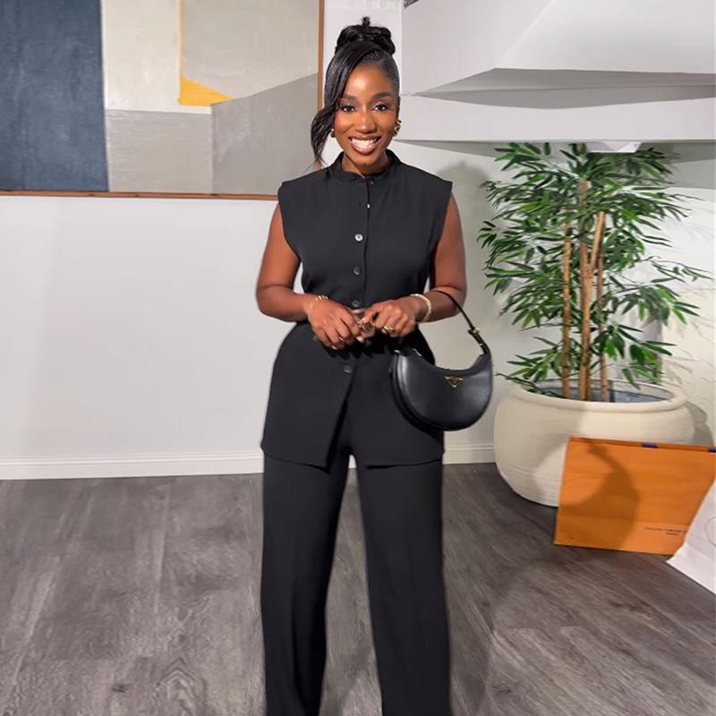 Costum cu pantaloni largi de vară pentru femei, cu guler în picioare, fără mâneci, în talie