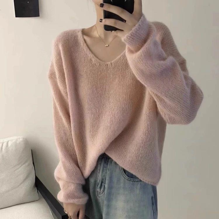 Women's V-Neck Knitted Sweater - Early Autumn, Versatile, Loose Fit, Solid Color