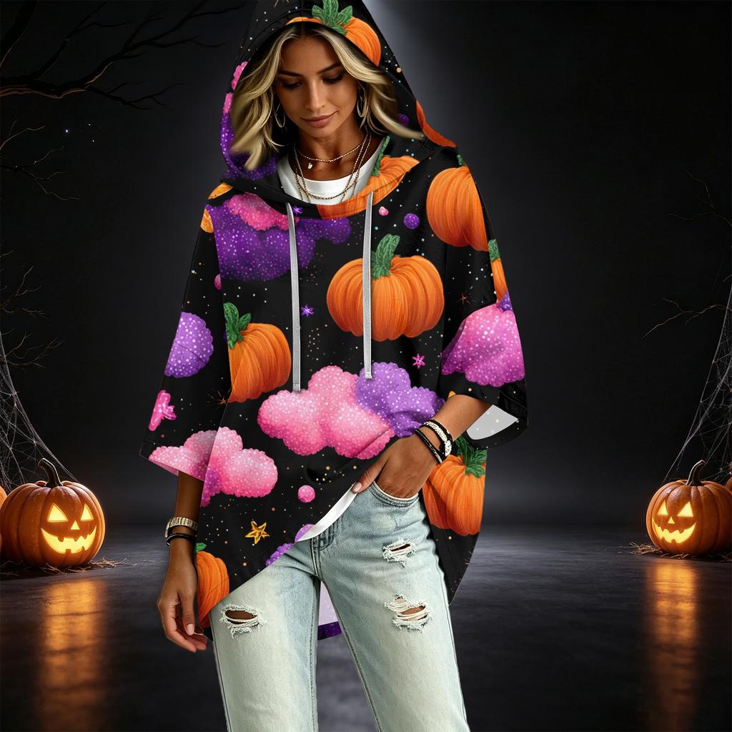 Women's Halloween Print Hooded Pullover Top with 3/4 Sleeves