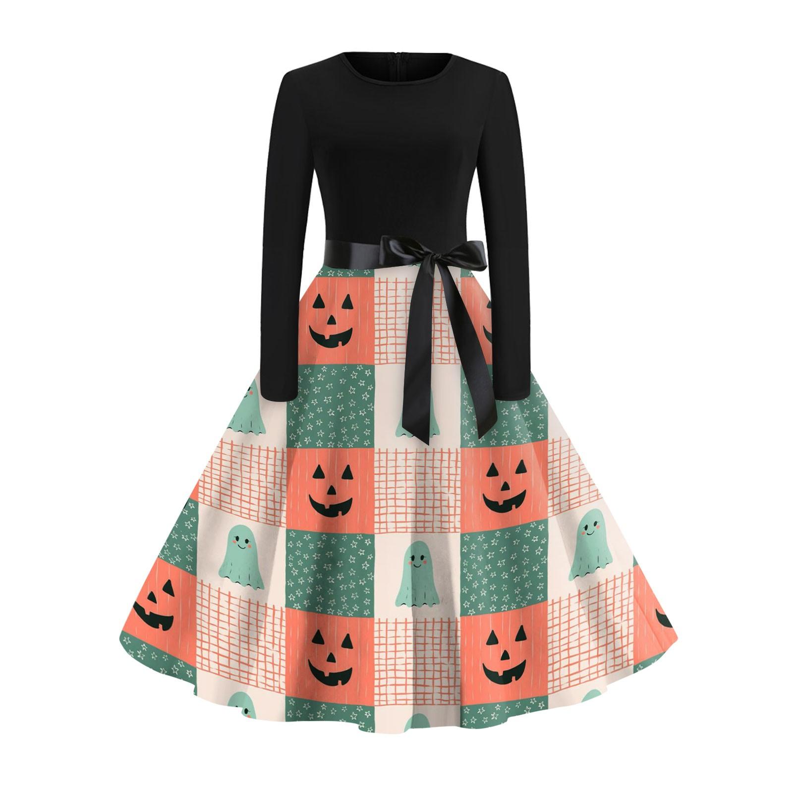 

Women s Fashion Casual Round Neck Halloween Print Long Sleeve Dress M