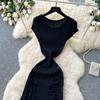 Elegant Lace Patchwork Knitted Midi Long Dress Women Chic Short Sleeve Ruffles Slim Fit Dresses 2026 Casual Daily Office Outfit