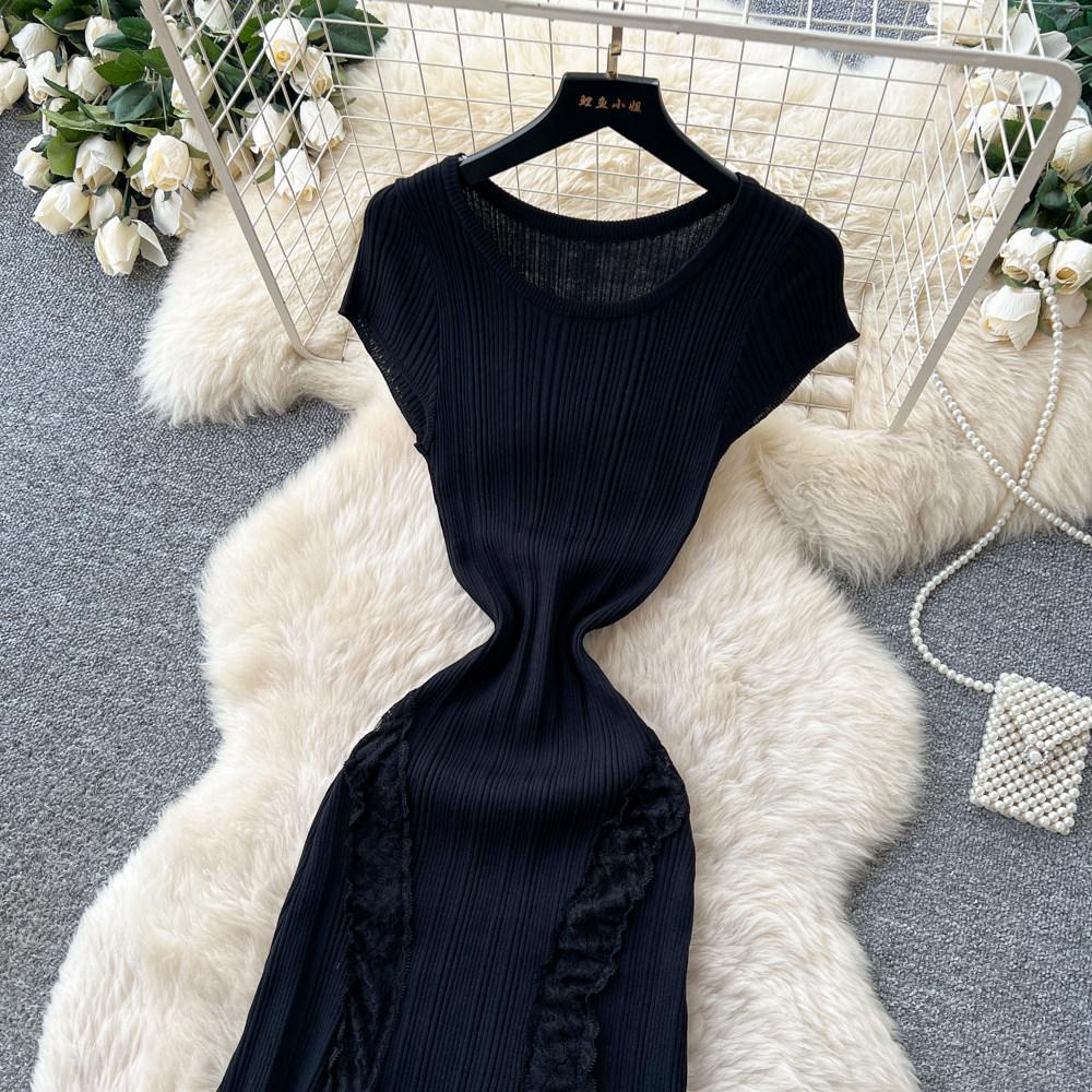 Elegant Lace Patchwork Knitted Midi Long Dress Women Chic Short Sleeve Ruffles Slim Fit Dresses 2026 Casual Daily Office Outfit