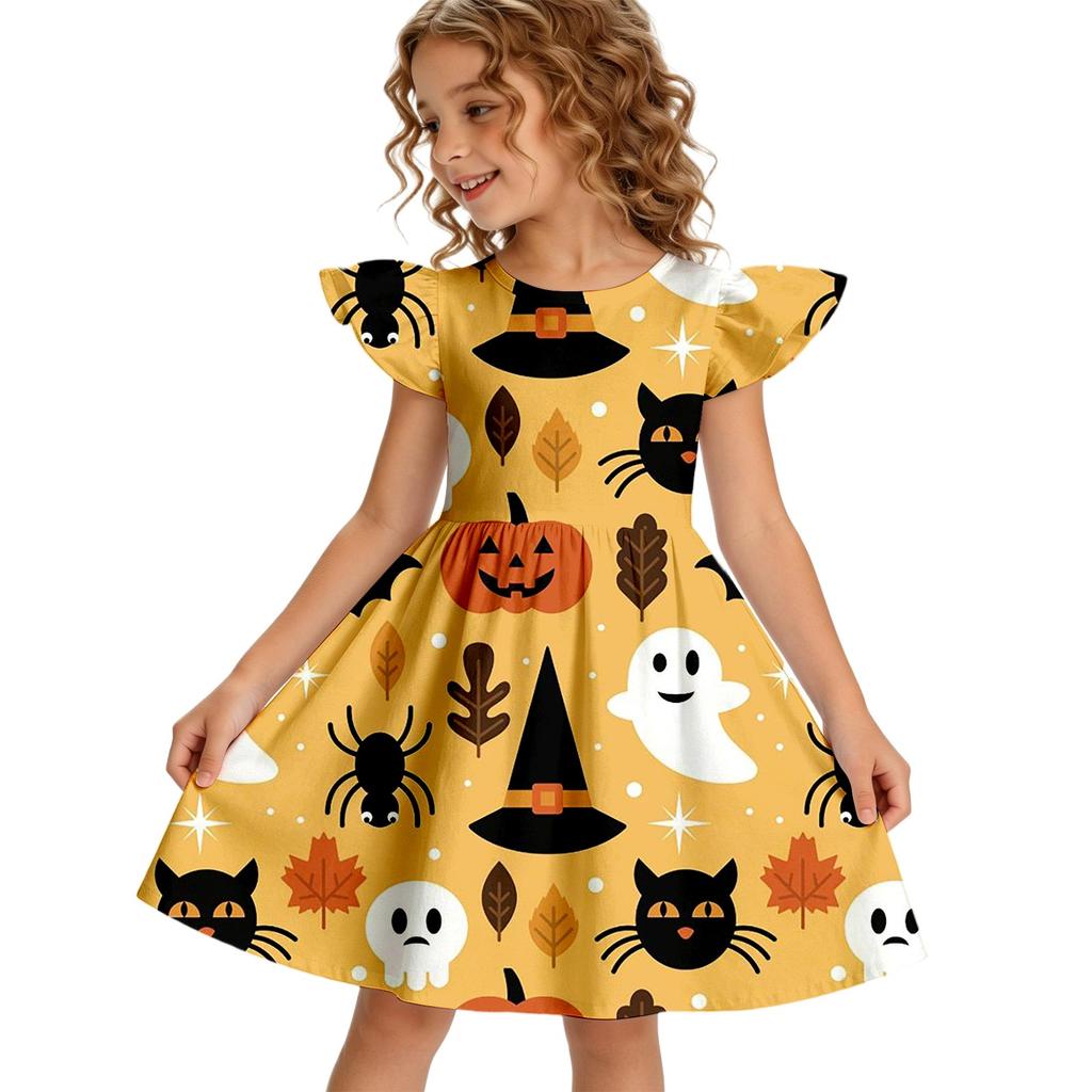 Girls Halloween Casual Dress Round Neck Ruffle Sleeve A-Line Dress Soft Comfortable Fabric Suitable for Daily Wear and Parties