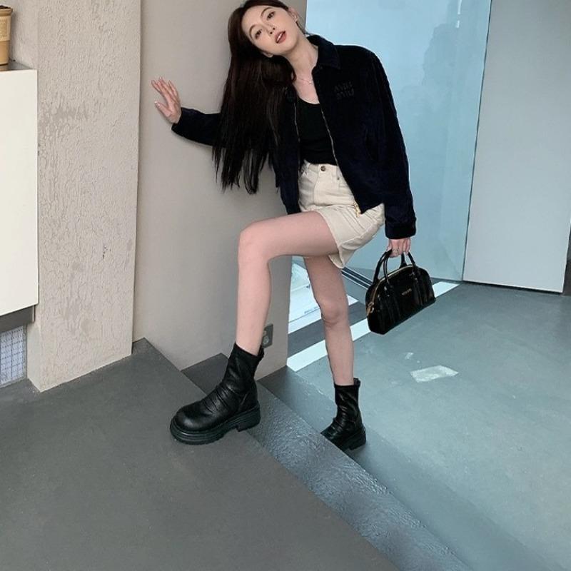 Thick-soled wrinkled elastic thin boots black short boots children's new summer and autumn Martin boots stacking boots