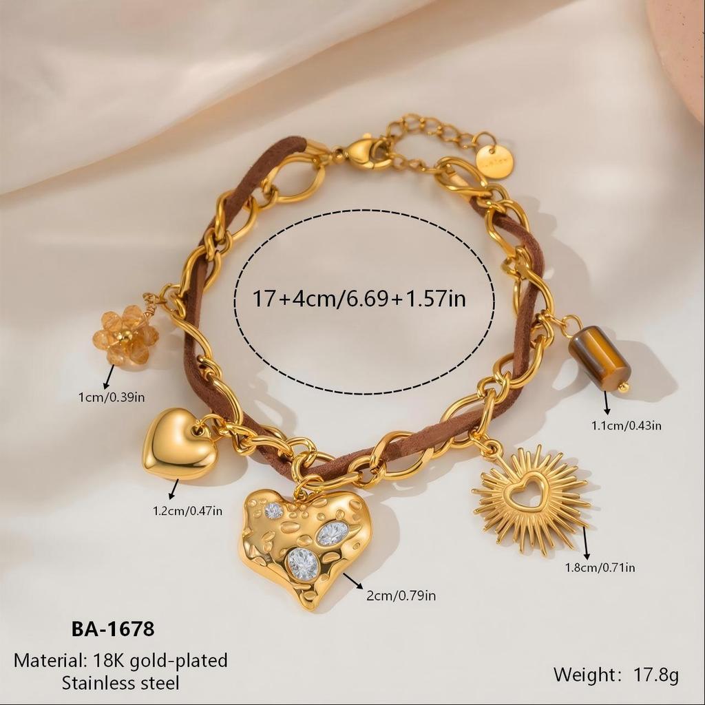 18K Gold-Plated Stainless Steel & Suede Leather Double-Layer Bracelet with Heart and Sun Crystal Pendant Charm