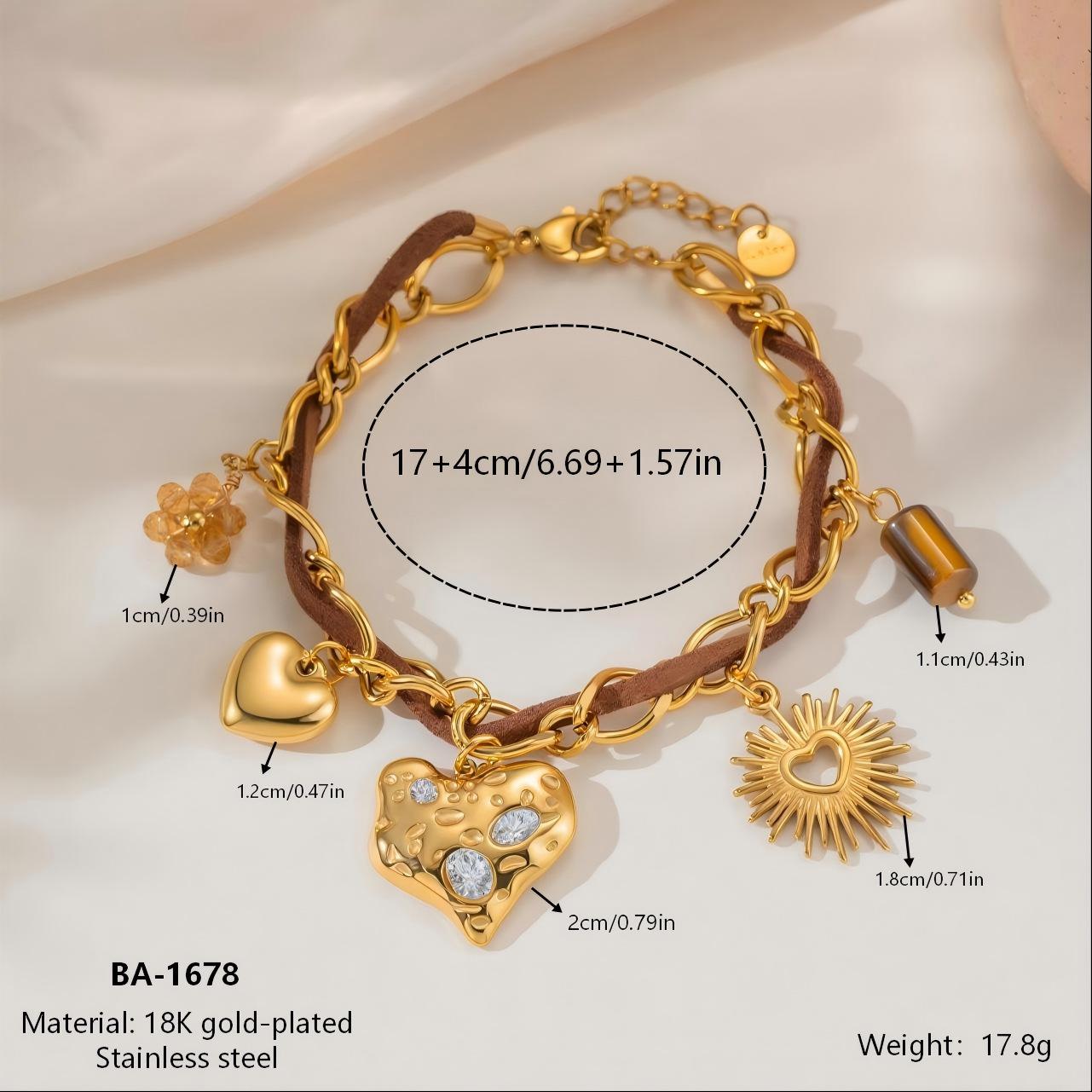 18K Gold-Plated Stainless Steel & Suede Leather Double-Layer Bracelet with Heart and Sun Crystal Pendant Charm 18K