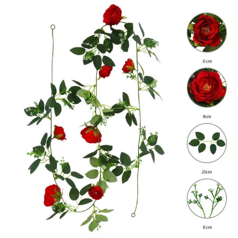

5PCS Rose Flowers Christmas Garland for Home Room Wedding Decoration Spring Autumn Garden Arch DIY Fake Artificial Plant Vine 2M-5PCS червоний