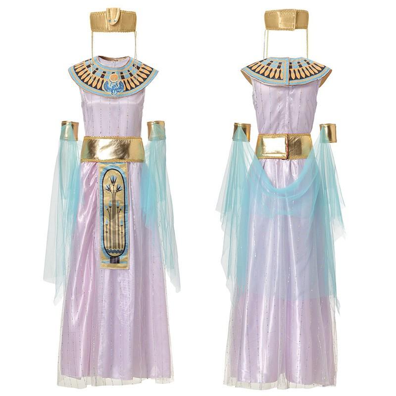 Egyptian Greek Goddess Costume Dress With Headdress Necklace Cape Belt Halloween Cosplay Stage Performance
