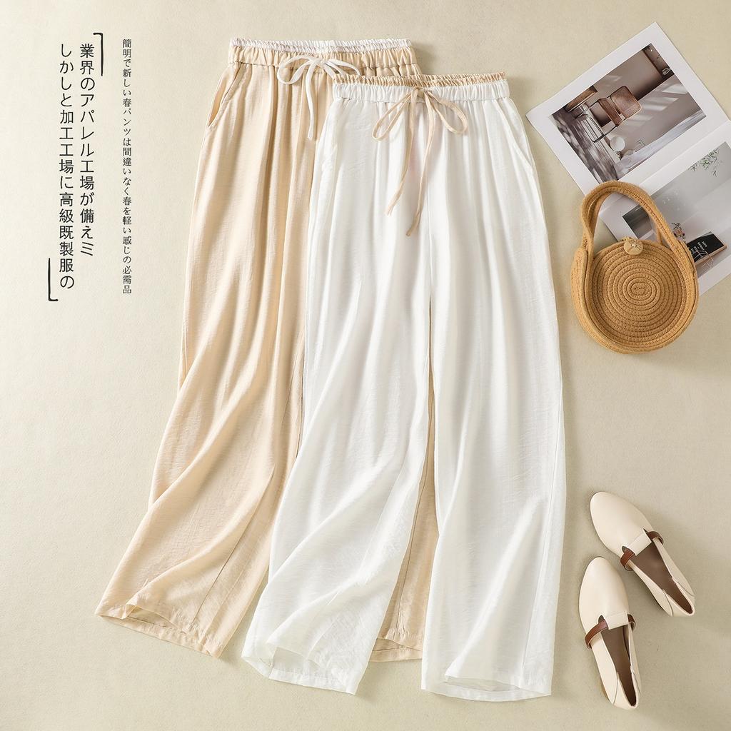 2025 Summer New Light and Breathable Solid Color Cotton and Linen Straight Pants Women's Literary and Artistic Style Drawstring Elastic Waist Casual