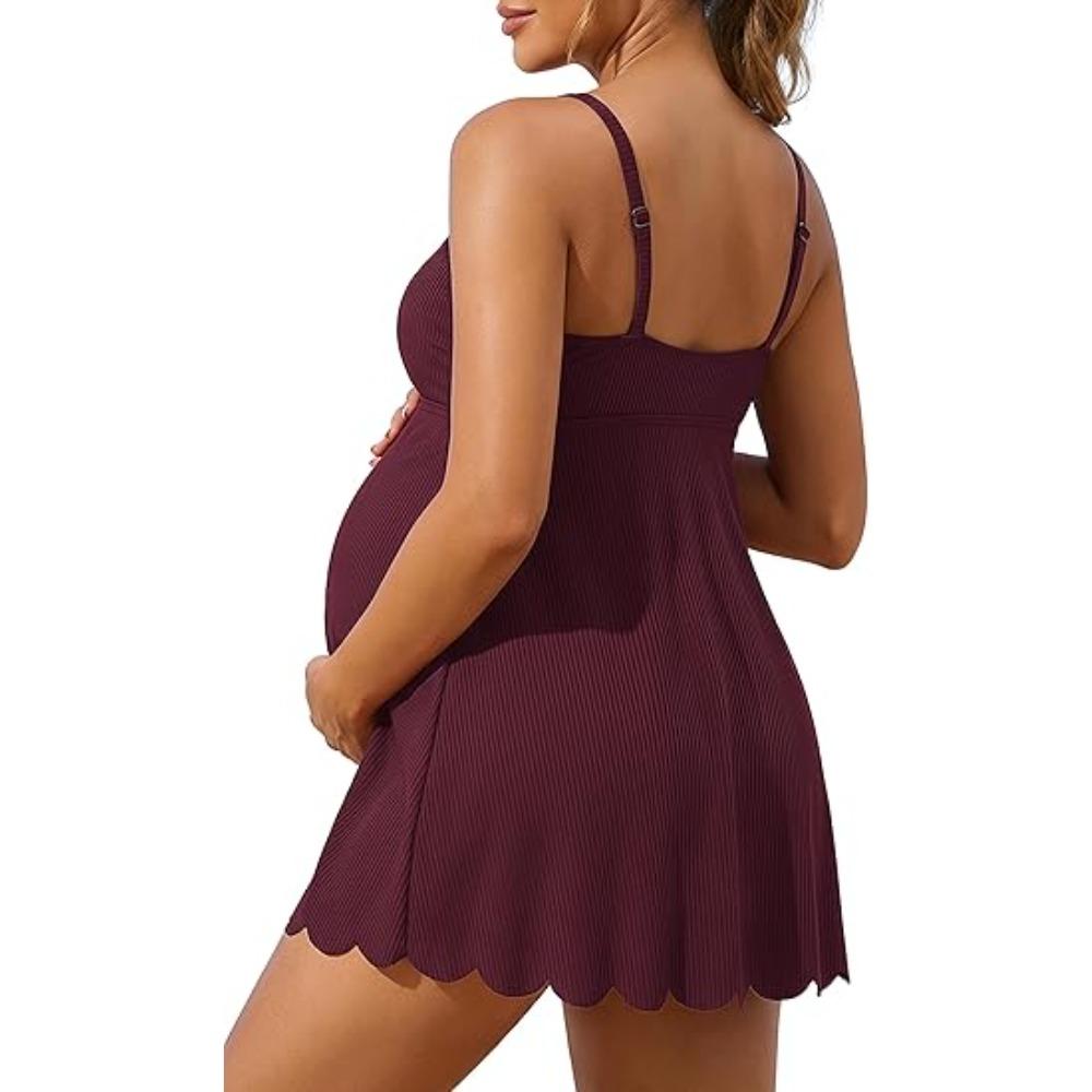 CHARMLEAKS Ribbed Maternity Swimsuit One Piece Swim Dress Scalloped V Neck Pregnancy Bathing Suit Skirt Swimwear