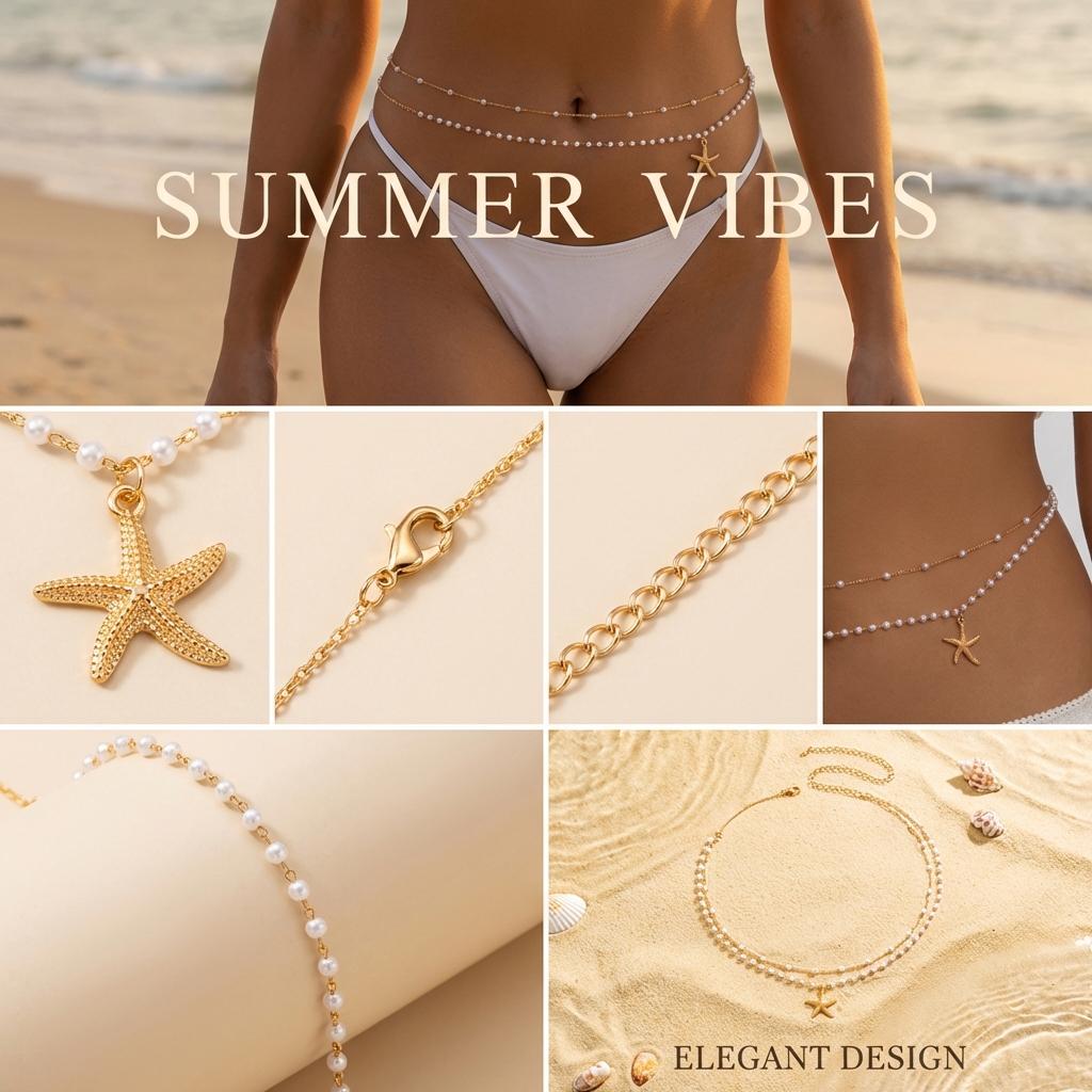 Double Layer Metal Waist Chain for Women Exquisite Imitation Pearl Starfish Pendant Belly Chains Beach Sexy Bikini Body Jewelry