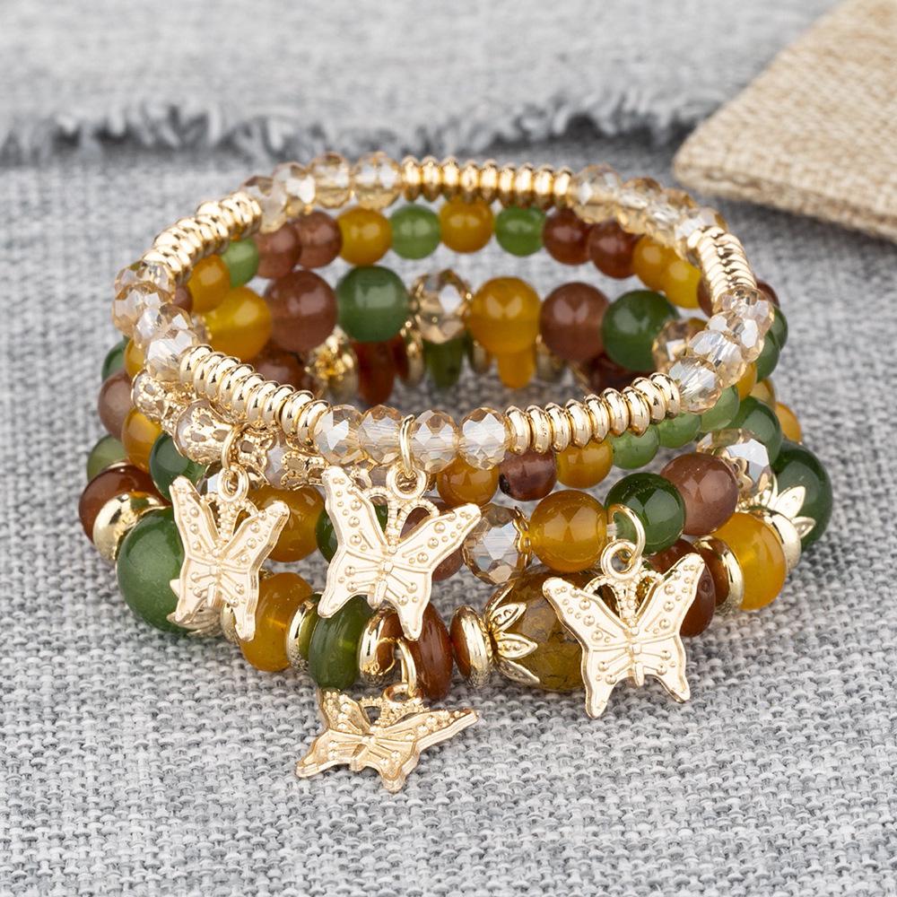 Bohemian Multi-layer Crystal Beaded Butterfly Pendant Stacking Bracelet