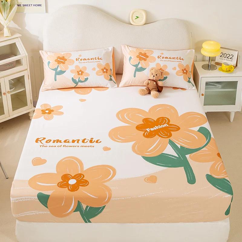 New Purple Flowers Fitted Sheet Set 100% Cotton Printed Fitted Sheet Pillowcases for Kids Boys Girls Bedroom Decor Bedding Set
