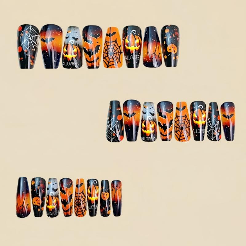 Halloween Press On Nail Medium Length Square Shape With Pumpkin Cobweb Design ABS Material For Party Costume Nail Art