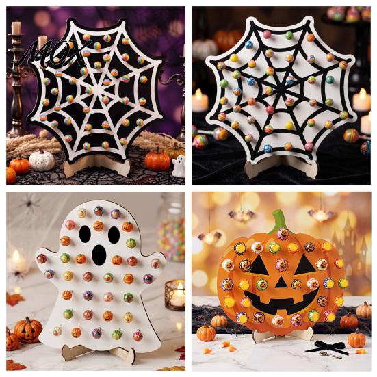 Tabletop Holiday Decoration Halloween Wooden Lollipop Display Stand, Spider Web Ghost Party Favors Pumpkin Shaped Candy Holder, Decor Ornament