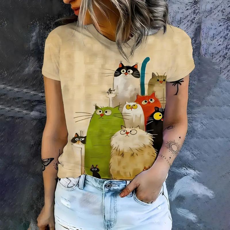 Summer Women's T-Shirts Casual Short Sleeve Crew Neck Tee Fashion Streetwear Female Oversized Clothing Cartoon Cat T-Shirts