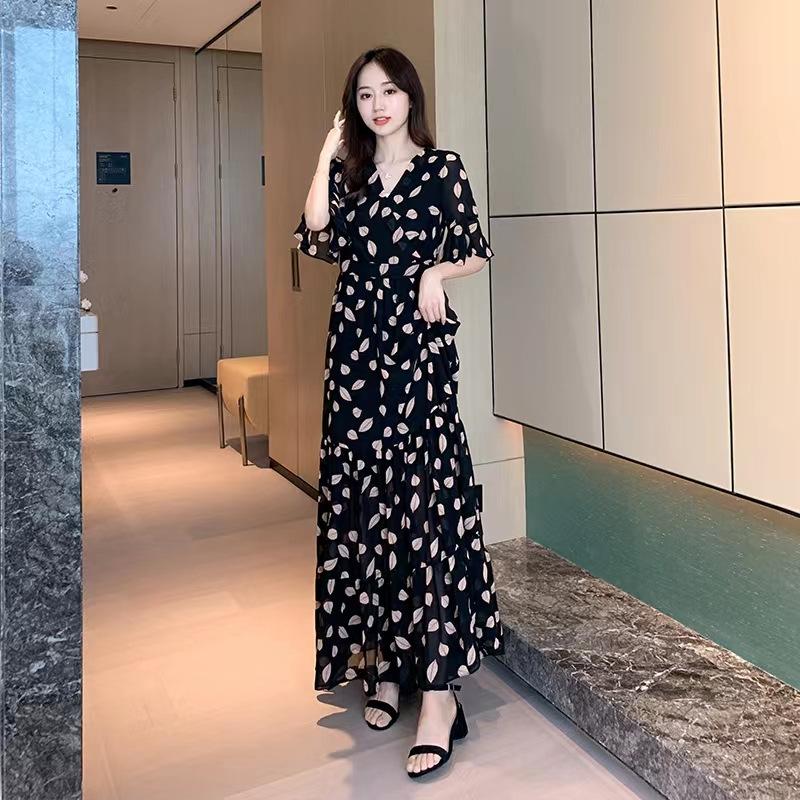 Women's V Neck Five Flutter Sleeve Black Leaf Print Chiffon Maxi Dress High Waist A Line Elegant Summer Vacation Long Dress
