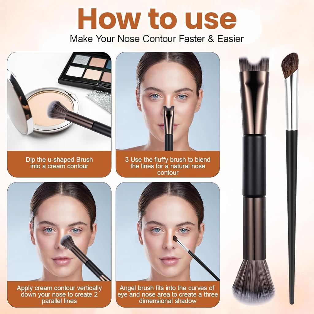 2Pcs Nose Contour Brushes for Makeup Shimmeroo Double-Ended Nose Angled Eye Shadow Contour Brushes for Makeup 2-in-1 U-Shaped Fluffy Brush Contouring