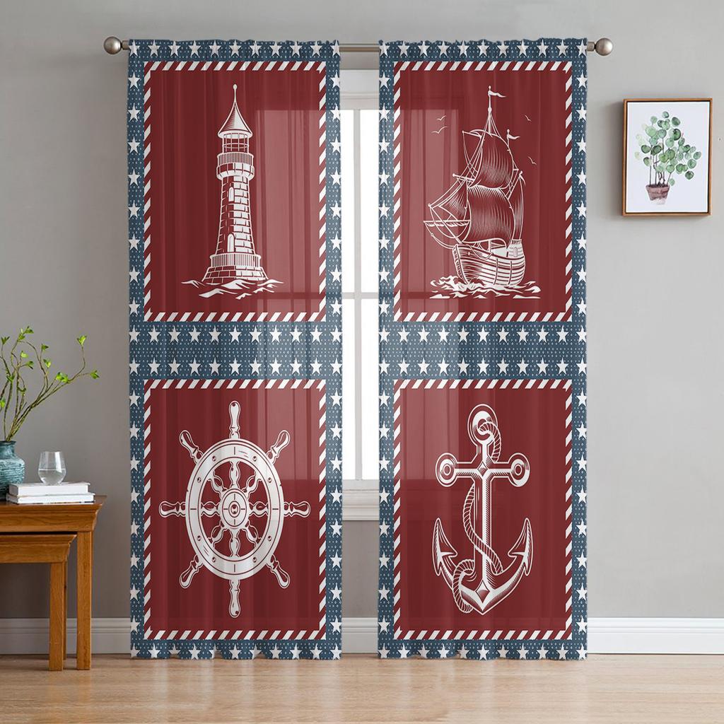 Watercolour Lighthouse Big Surf Seabird Sheer Curtains for Living Room Bedroom Decoration Window Voiles Morning Tulle Curtain