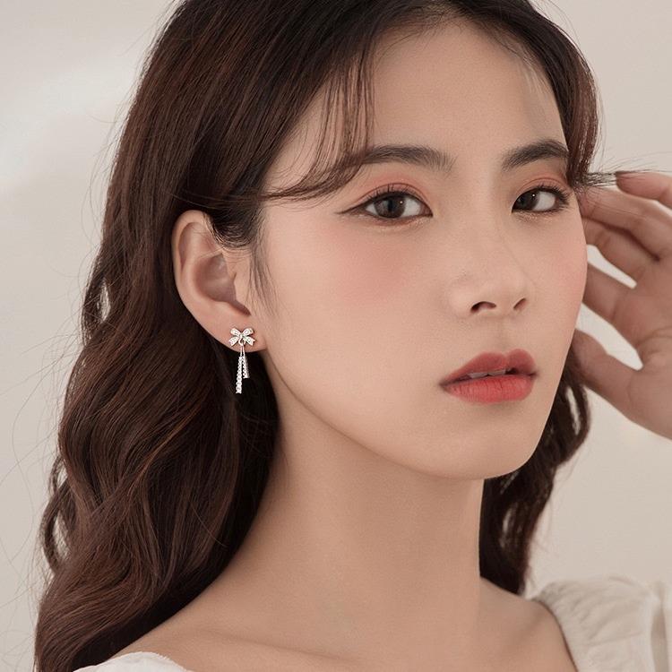 Bow Tassel Stud Earrings Women's Light Luxury Cold Style Design Earrings with The Same Versatile Ear Jewelry