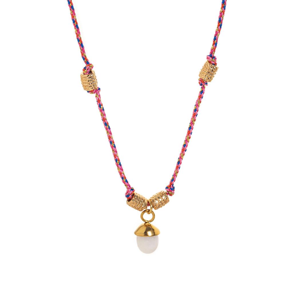 Stainless Steel Half-circle Natural Stone Acorn Pine Cone Pendant Necklace with Hand-knotted Rope Jewelry for Women.