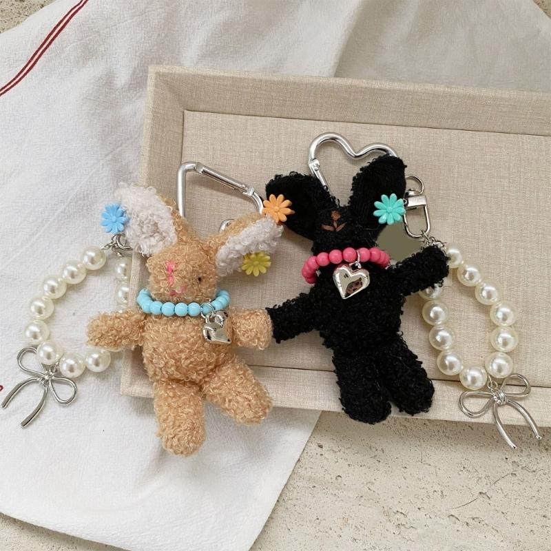 Playful Rabbit Bag Charm Double Use Phone Lanyard Soft Plush Pearls Clip Accessory Adorable Rabbit Keyring Decors