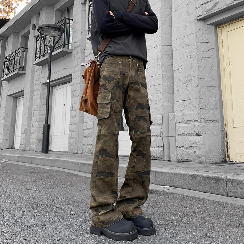 Niche Slim-fit Personalized Hip-hop Camouflage Straight-leg Jeans Men's Versatile Fashion Multi-pocket Splicing Design Overalls
