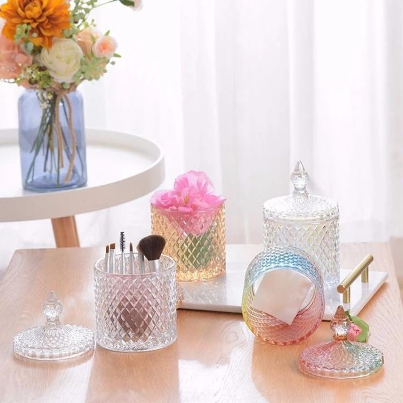 Europäisches Retro-Glas-Aufbewahrungsglas mit Deckel, Transparenter Goldener Schmuck- & Wattestäbchenhalter, Süßigkeiten- & Make-up-Pinsel-Organizer