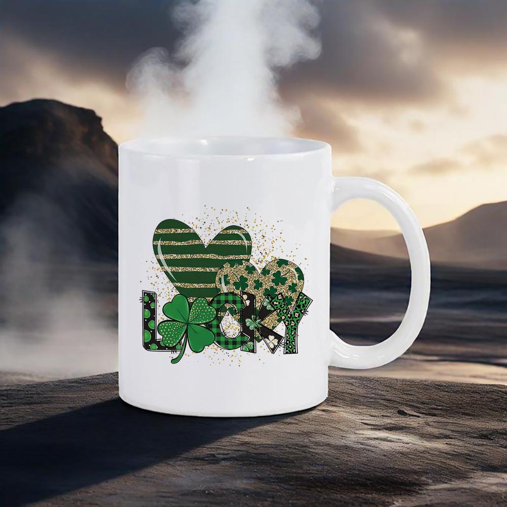 St.Patrick's Day Themed Mugs Green Pattern Coffee Mug 11 Oz Water Cups Four-leaf Design Breakfast Cup Cozy Gift for Family Tea