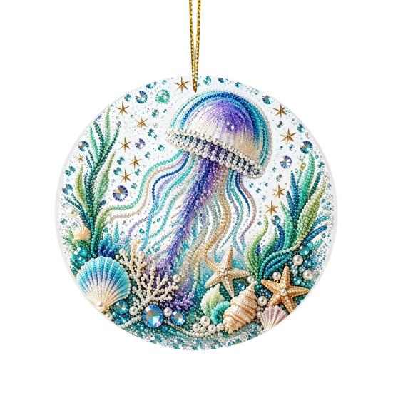 Handcrafted Sea Series Ornaments Ocean Theme Pearl Art Hanging Ornament, 2D Flat Acrylic Coastal Beach Home Decorations Life Suncatcher, Beaded