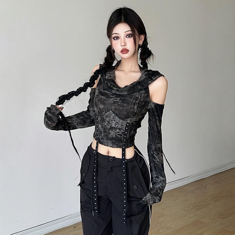 Grunge Dark Tie-Dye Cold Shoulder Crop Top, Cowl Neck Long Sleeve Rivet Side Strap Slim Fitted Y2K Gothic Women Shirt