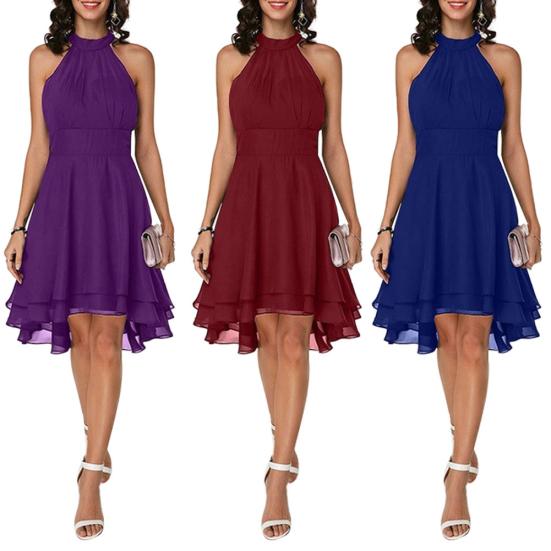 Lady Petticoats Plus Size Women Elegant Solid Color Soft Halter Sleeveless Asymmetric Hem One Piece Dress