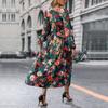 Women Autumn Winter Long Sleeve Print Elegant V-neck Chiffon A-Line Knee Length High Waist Dress