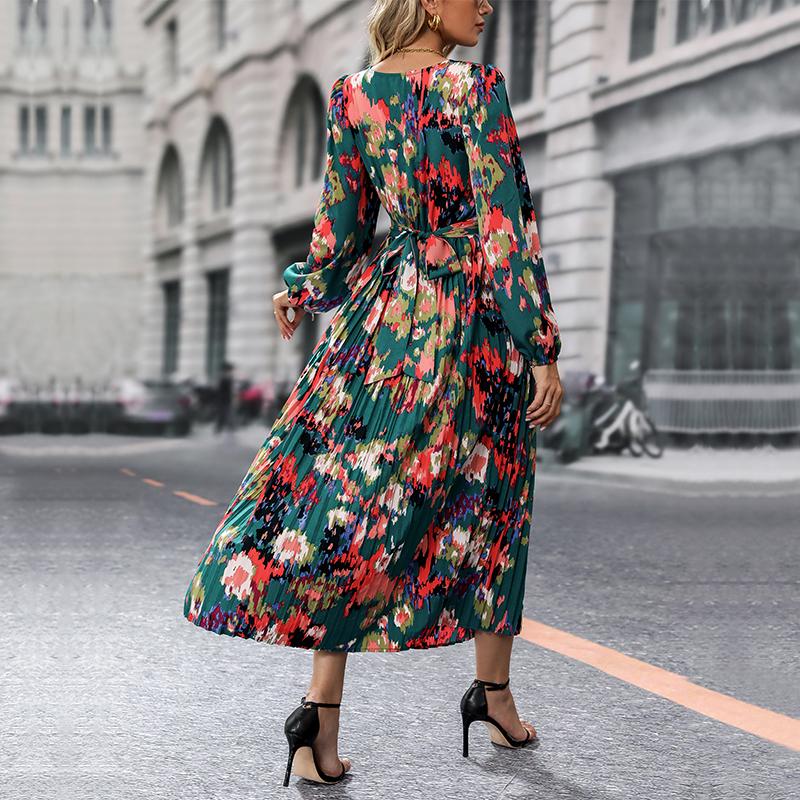 Women Autumn Winter Long Sleeve Print Elegant V-neck Chiffon A-Line Knee Length High Waist Dress