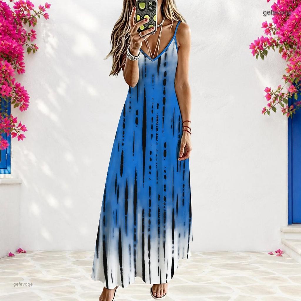 Women Plus Size Off Shoulder V Neck Strappy Sleeveless Printed A Line Maxi Dress