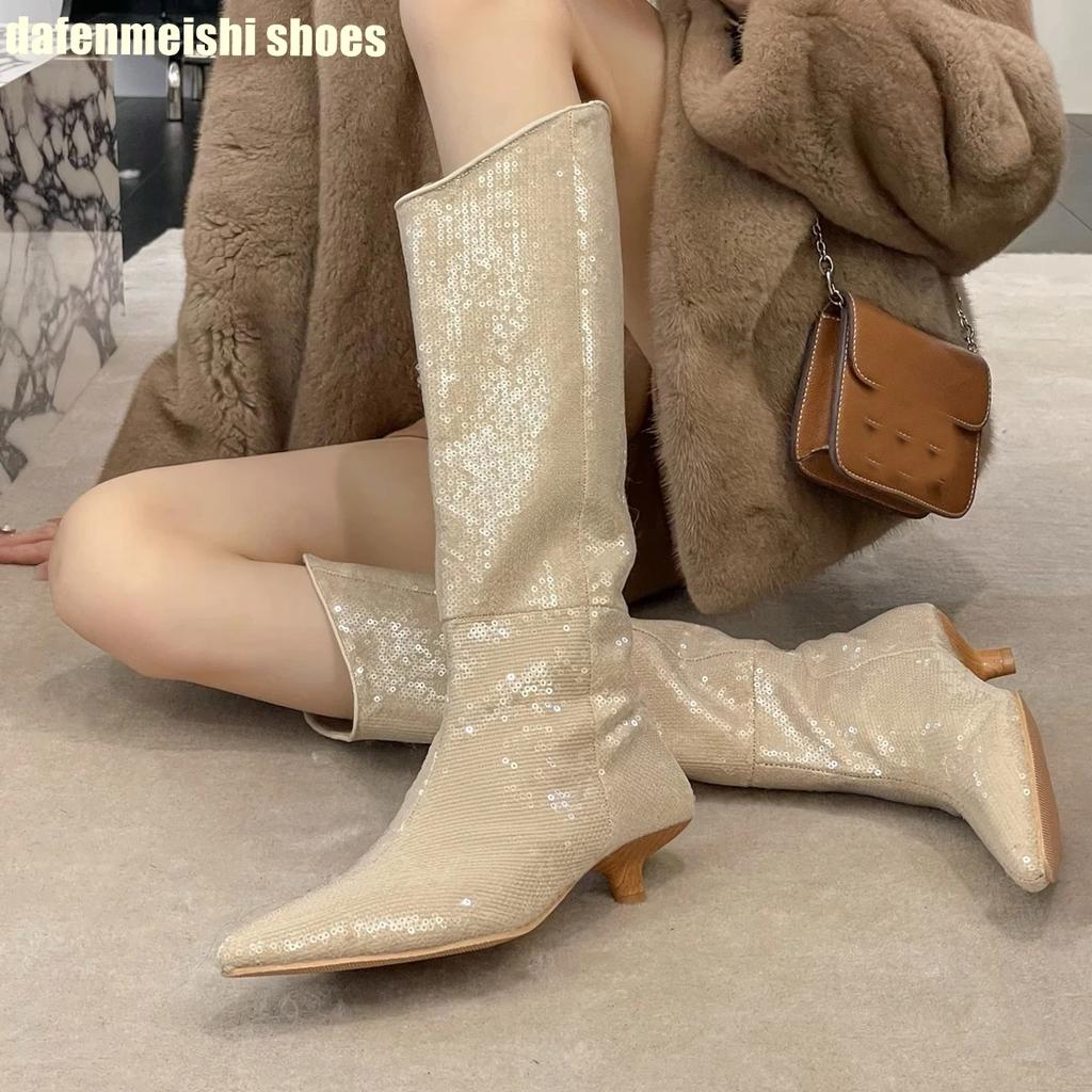 Fashion Pointed Toe Long Boots for Women Autumn Winter 2025 New Sequined Shiny Sexy Mid Calf Boots Kitten Heel Boots Bling Knight Boots