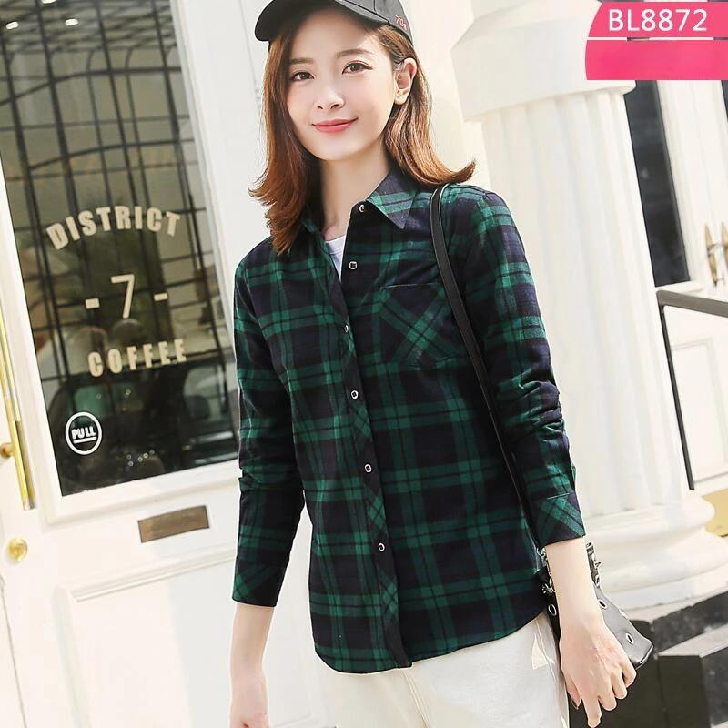 100% Cotton Women's Blouse Plaid Shirts Women's Long Sleeve Top S-5XL,Single Breaste Button Women's Shirt With Chest Pockets