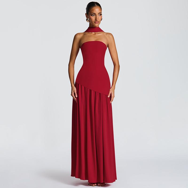 European & American Elegant Off-Shoulder Slim Fit Slit Dress with Ribbon Back
