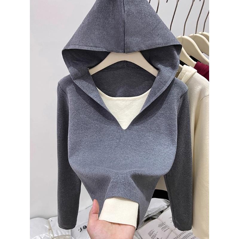 

Новый базовый вязаный свитер с капюшоном и эффектом двухслойности для женского осенне-зимнего гардероба, облегающий короткий топ, подчеркивающий фигуру one size серый